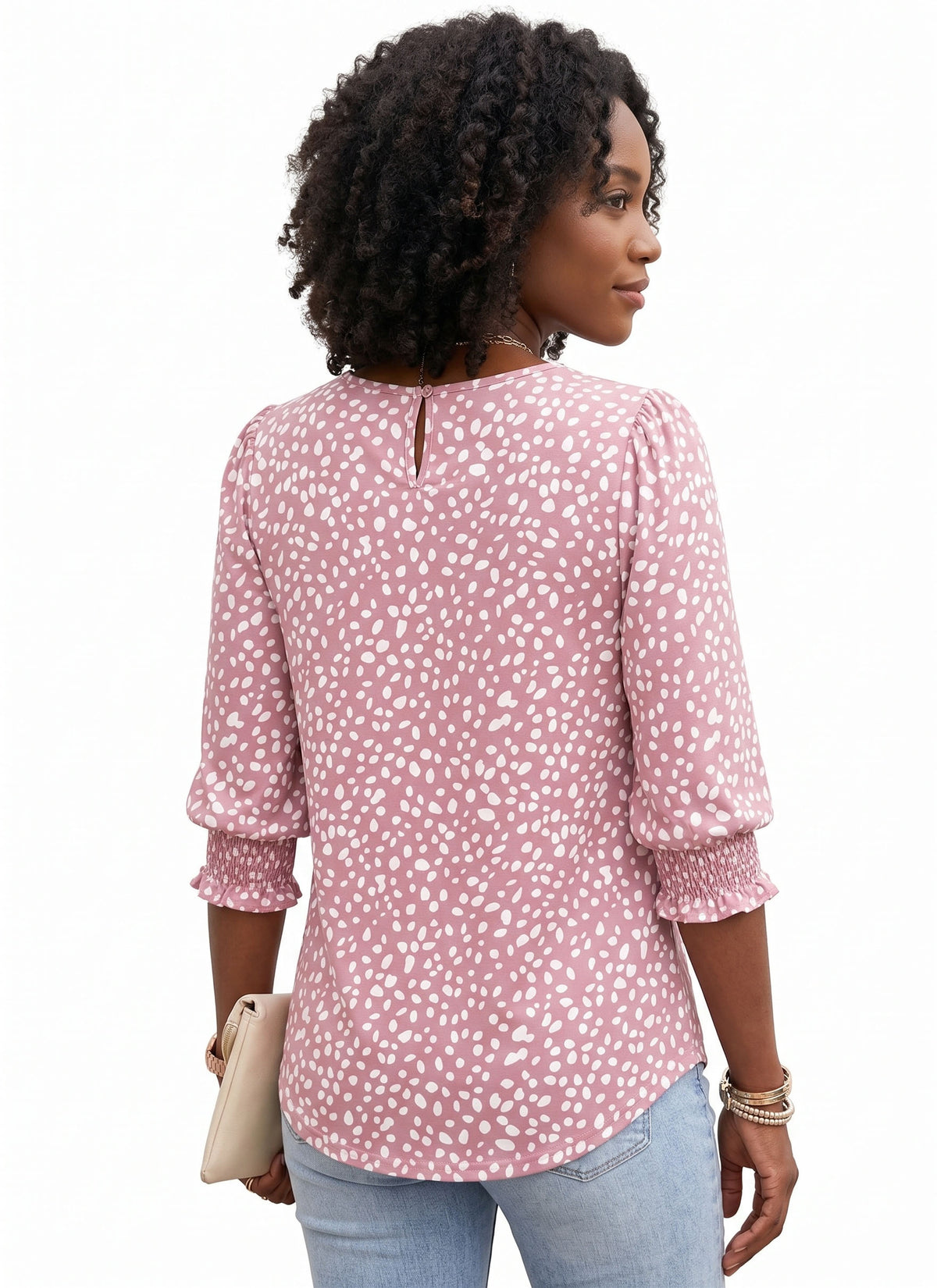 Women's 3/4 Sleeve Blouses, Smocked Cuff Dressy Casual Tops, Crewneck Puff Sleeve Work Office Tunic Shirts