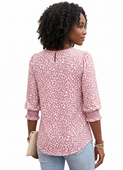 Women's 3/4 Sleeve Blouses, Smocked Cuff Dressy Casual Tops, Crewneck Puff Sleeve Work Office Tunic Shirts