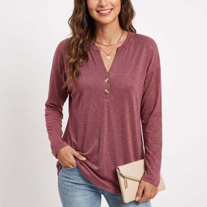Women's Long Sleeve Henley Tops, V Neck Dressy Casual Fall Shirts, Business Work Blouses, Teacher School Outfits Clothes