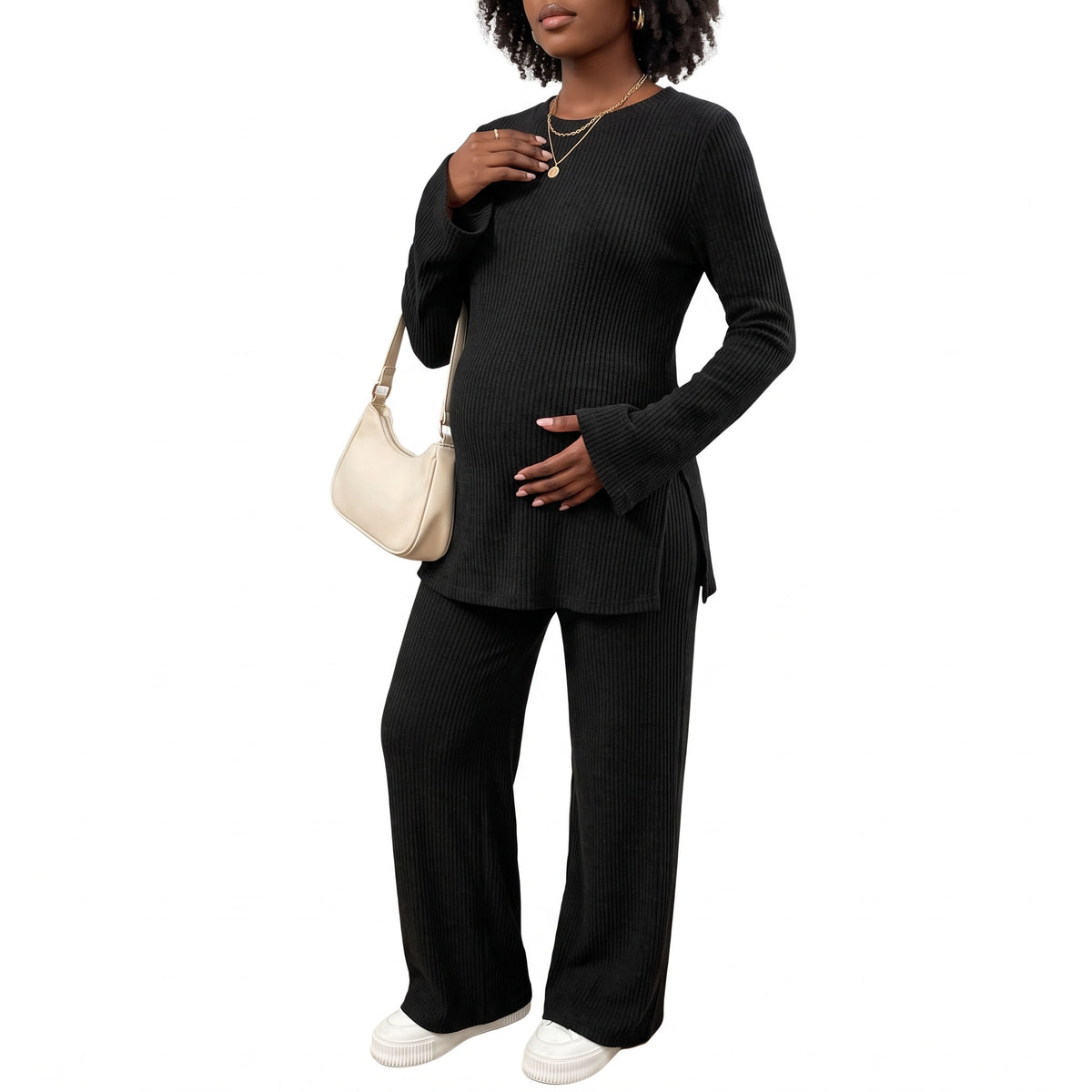 Maternity 2 Piece Lounge Sets, Ribbed Knit Long Sleeve Top and Wide Leg Pants with Pockets, Side Slit Pregnancy Outfits