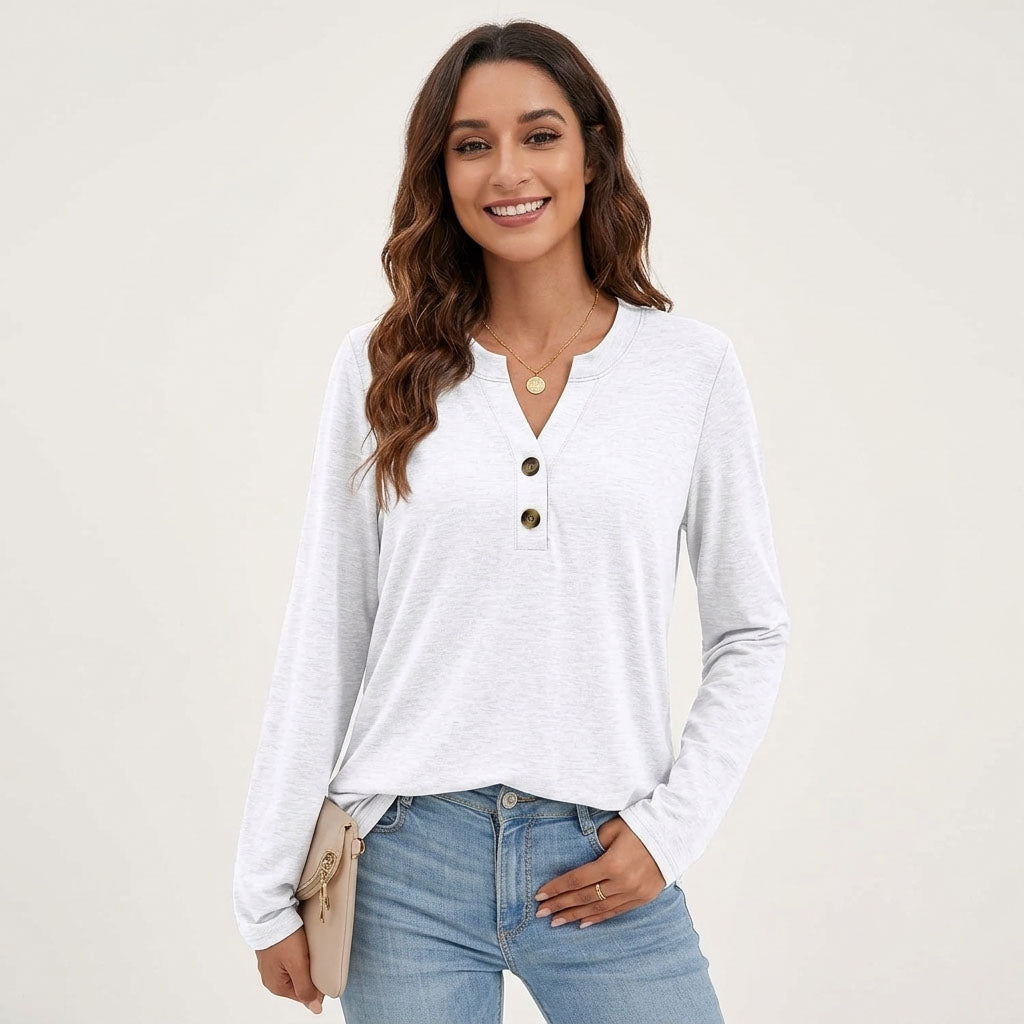 Women's Long Sleeve Henley Tops, V Neck Dressy Casual Fall Shirts, Business Work Blouses, Teacher School Outfits Clothes