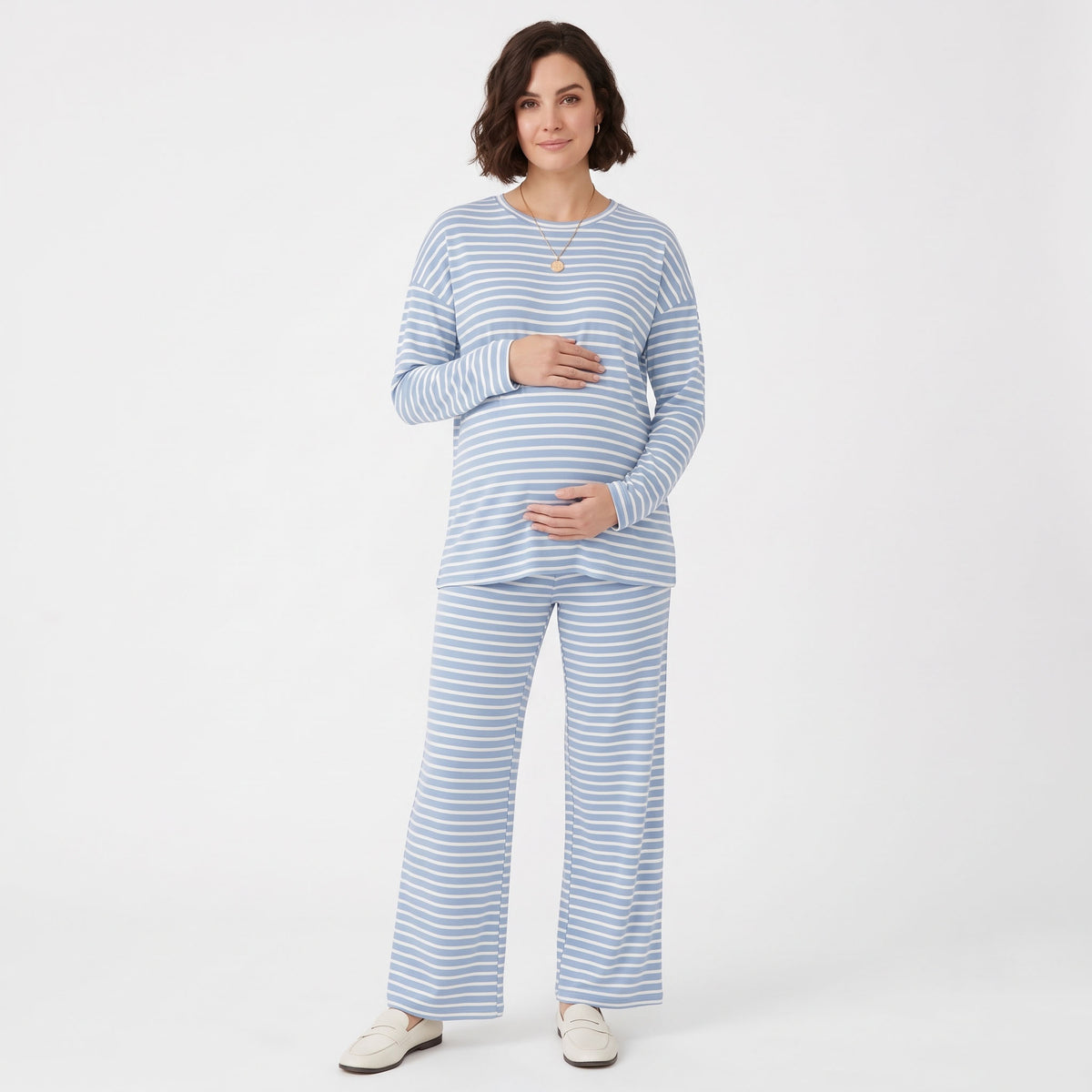 Maternity 2 Piece Outfits, Striped Long Sleeve Tops and Wide Leg Pants with Pockets, Comfy Pregnancy Lounge Sets Postpartum Clothes