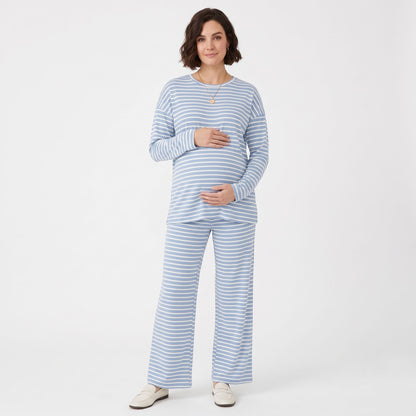 Maternity 2 Piece Outfits, Striped Long Sleeve Tops and Wide Leg Pants with Pockets, Comfy Pregnancy Lounge Sets Postpartum Clothes