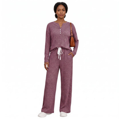 Women's 2 Piece Lounge Sets, Ribbed Knit Henley Top and Wide Leg Pants with Pockets, Comfy Fall Sweatsuit Airport Travel Outfits