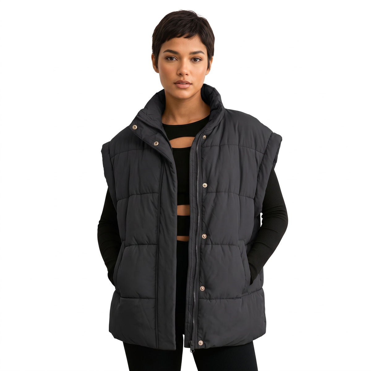 Women's Oversized Puffer Vest, Stand Collar Full Zip Sleeveless Quilted Bubble Jacket with Pockets, Casual Winter Outerwear
