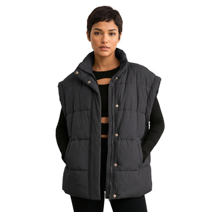 Women's Oversized Puffer Vest, Stand Collar Full Zip Sleeveless Quilted Bubble Jacket with Pockets, Casual Winter Outerwear