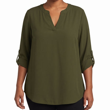 Women's 3/4 Sleeve Tops, V Neck Roll Tab Blouses with Buttons, Business Casual Loose Fit Work Tunic Shirts