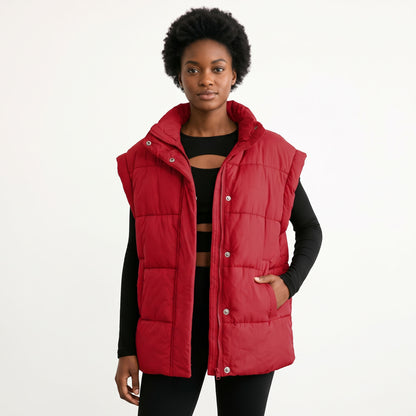 Women's Oversized Puffer Vest, Stand Collar Full Zip Sleeveless Quilted Bubble Jacket with Pockets, Casual Winter Outerwear