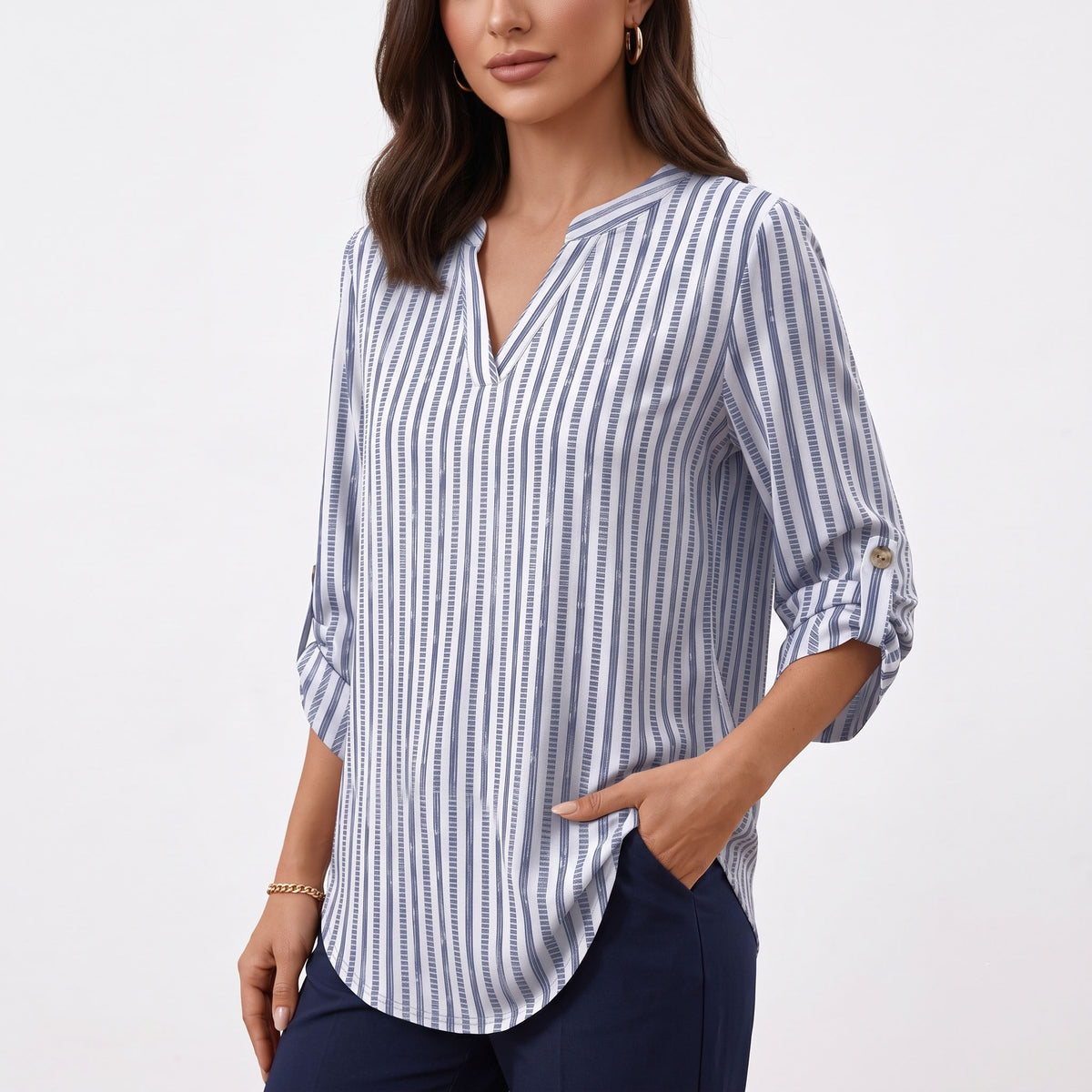 Women's 3/4 Sleeve Tops, V Neck Roll Tab Blouses with Buttons, Business Casual Loose Fit Work Tunic Shirts