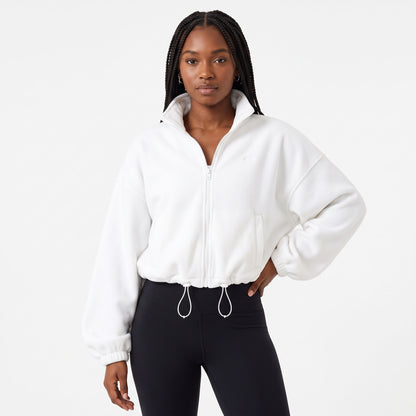 Women's Cropped Fleece Jacket, Full Zip Stand Collar Sweatshirts with Pockets, Drawstring Hem Casual Fall Athletic Outfits