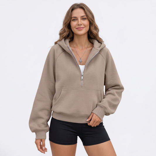 Women's Half Zip Cropped Hoodie, Fleece Lined Quarter Zip Sweatshirt with Pockets, Casual Fall Winter Travel Lounge Outfits