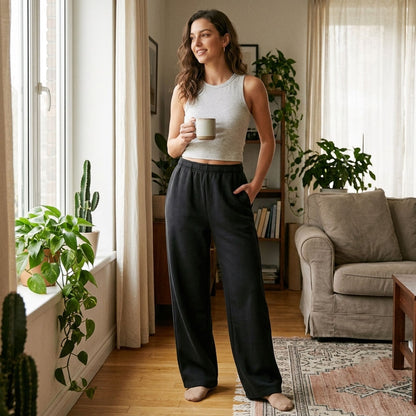 Women's Wide Leg Fleece Lined Sweatpants, Baggy High Waisted Lounge Pants, Casual Warm Winter Joggers with Pockets