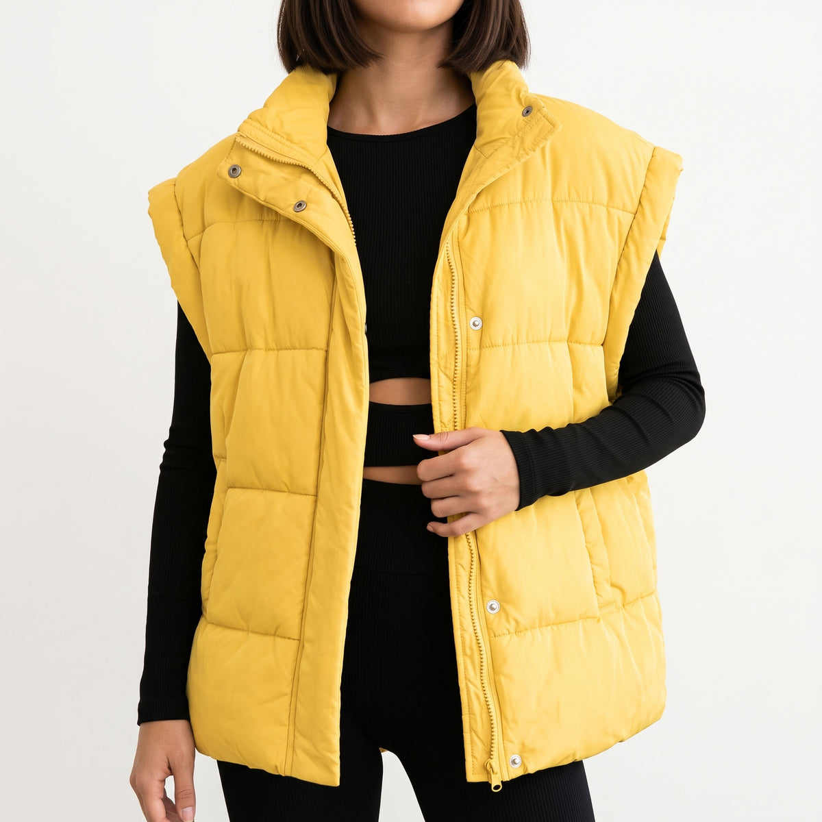Women's Oversized Puffer Vest, Stand Collar Full Zip Sleeveless Quilted Bubble Jacket with Pockets, Casual Winter Outerwear