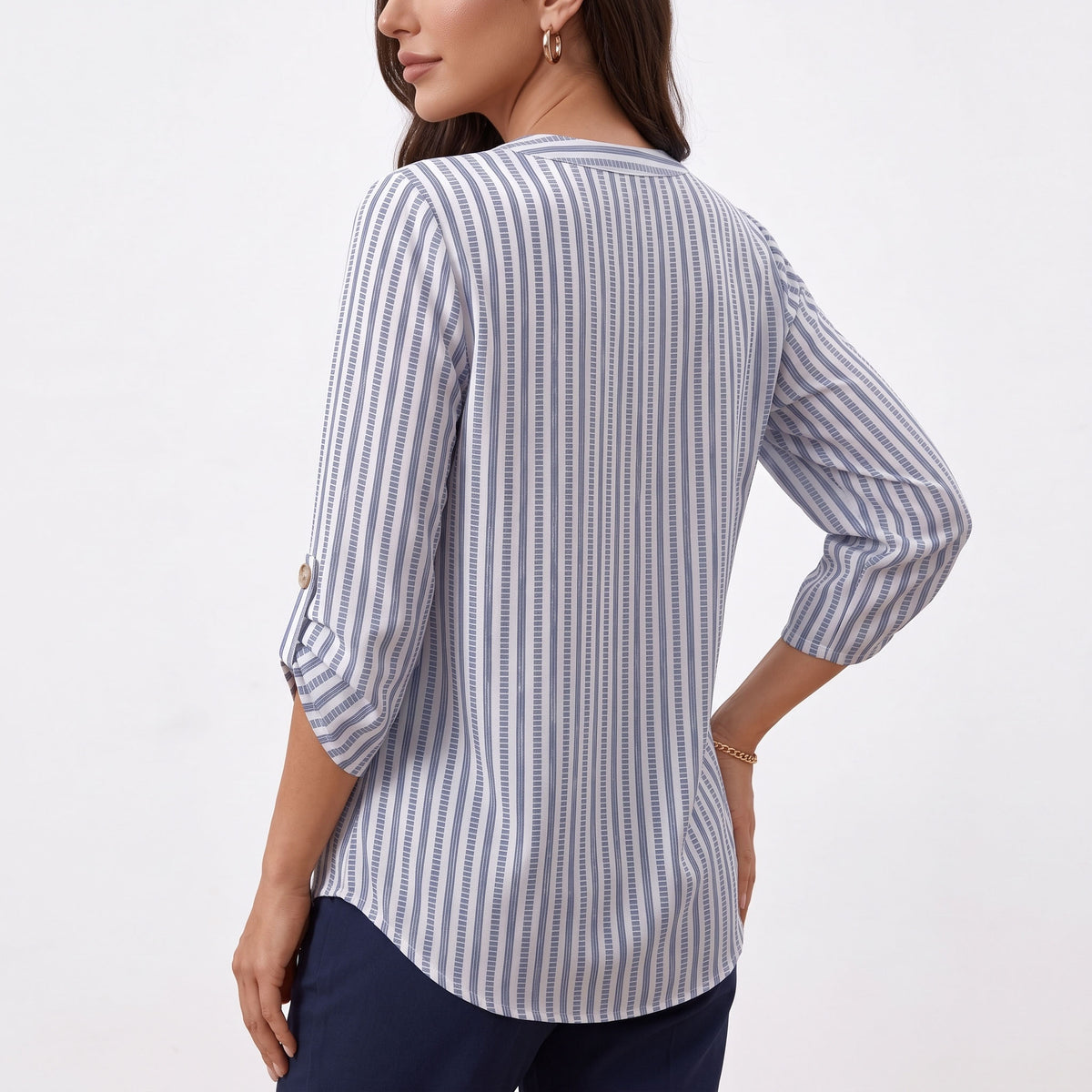 Women's 3/4 Sleeve Tops, V Neck Roll Tab Blouses with Buttons, Business Casual Loose Fit Work Tunic Shirts
