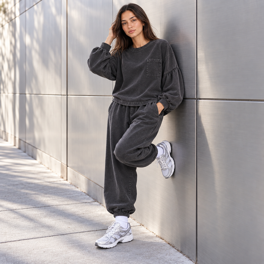 Women's 2 Piece Lounge Sets, Washed Cotton Balloon Sleeve Sweatshirt and Baggy Harem Joggers with Pockets, Fall Outfits