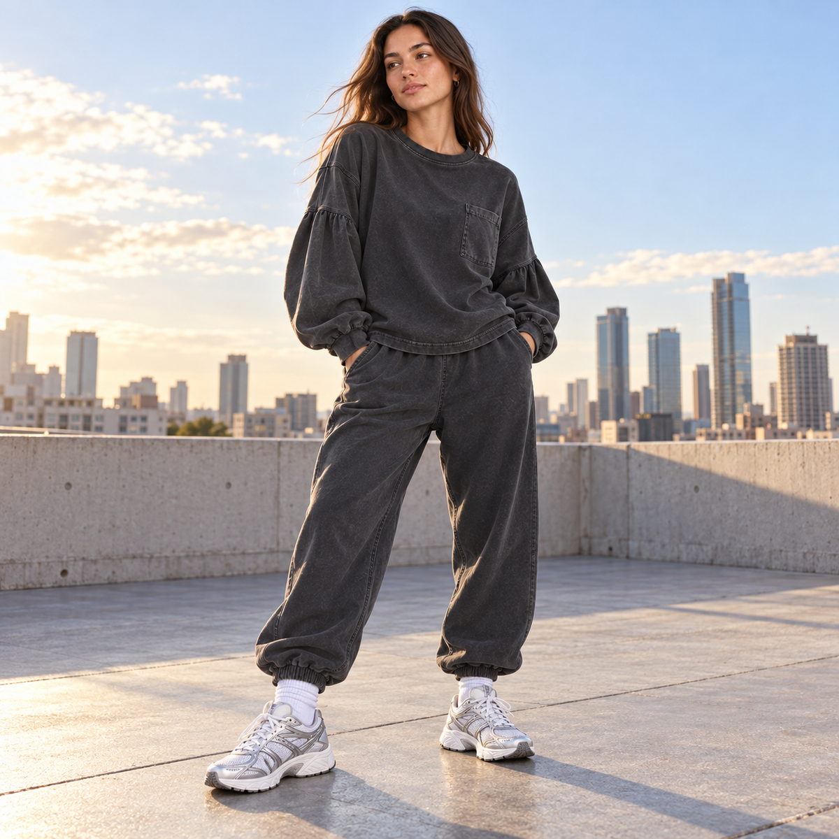 Women's 2 Piece Lounge Sets, Washed Cotton Balloon Sleeve Sweatshirt and Baggy Harem Joggers with Pockets, Fall Outfits