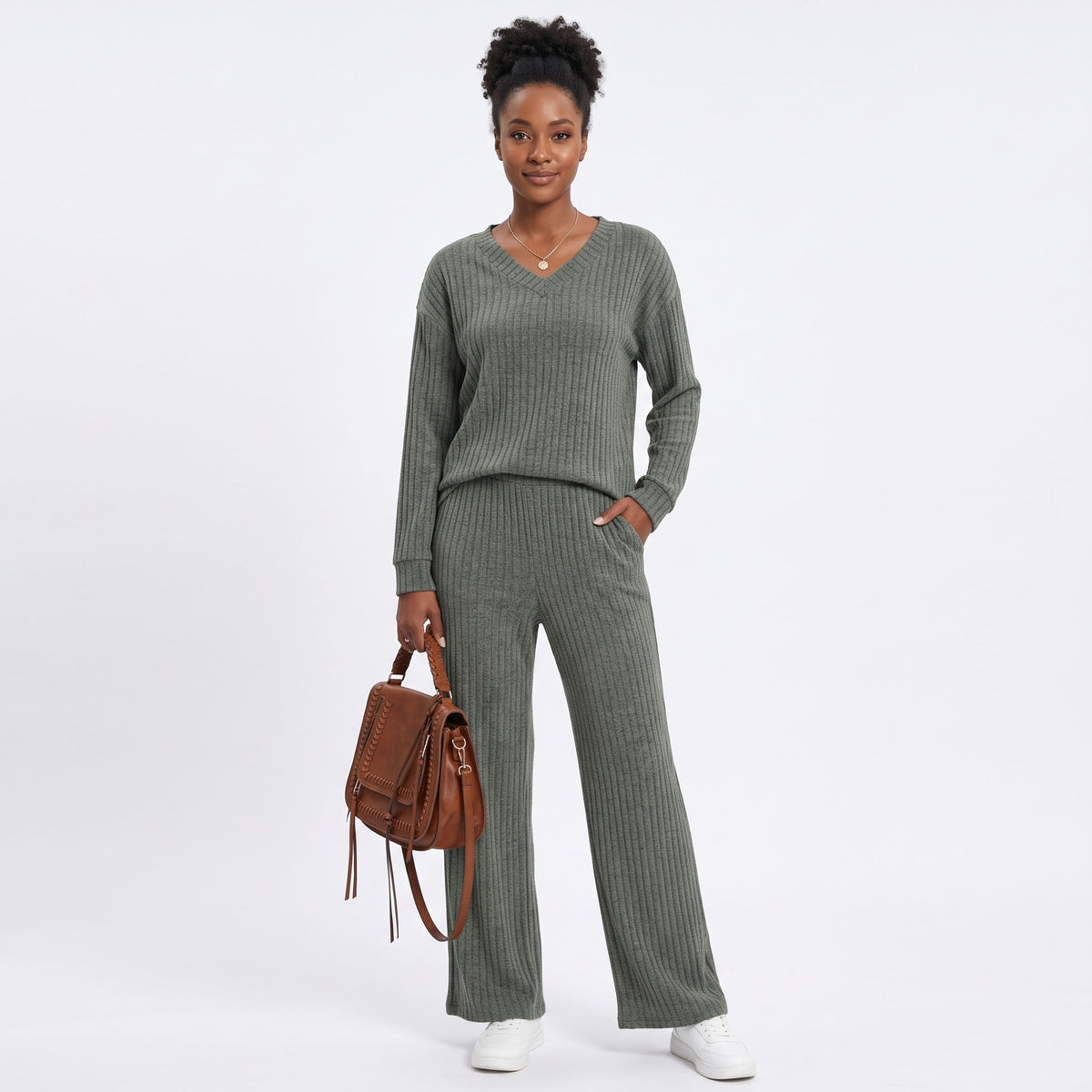 Women's 2 Piece Lounge Sets, V Neck Ribbed Knit Sweater and Wide Leg Pants with Pockets, Quiet Luxury Fall Travel Outfits