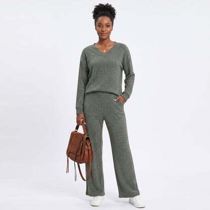 Women's 2 Piece Lounge Sets, V Neck Ribbed Knit Sweater and Wide Leg Pants with Pockets, Quiet Luxury Fall Travel Outfits