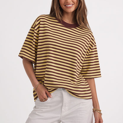 Women's Oversized Striped T-Shirt, Short Sleeve Crewneck Summer Tops, Casual Loose Fit Trendy Contrast Everyday Clothes