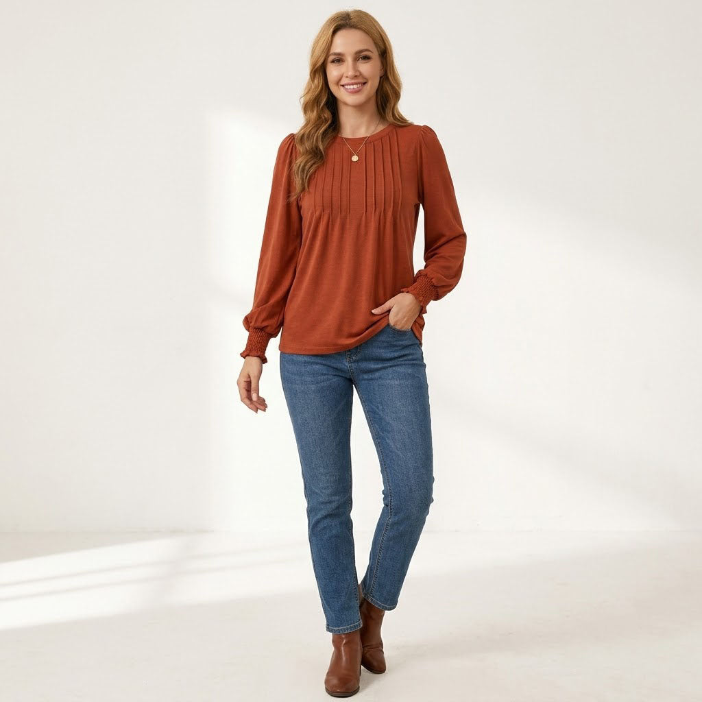 Women's Long Sleeve Shirts, Pleated Front Blouses with Smocked Cuffs, Dressy Casual Business Work Tops, Teacher Outfits