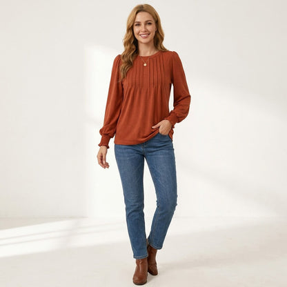 Women's Long Sleeve Shirts, Pleated Front Blouses with Smocked Cuffs, Dressy Casual Business Work Tops, Teacher Outfits
