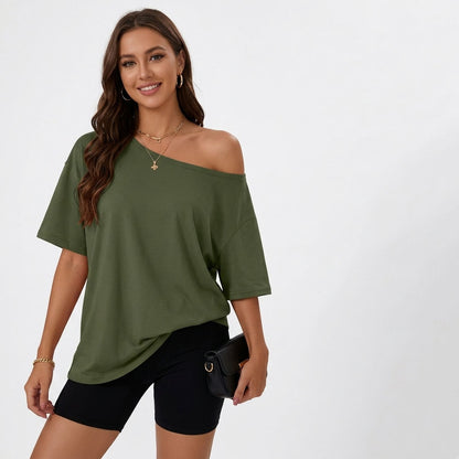 Women's Off the Shoulder Tops, Oversized Summer T-Shirts, Short Sleeve Breathable Comfort Stretch Casual Going Out Tees