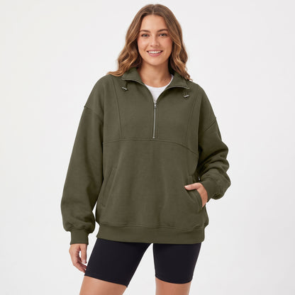 Women's Oversized Quarter Zip Fleece Sweatshirt, Mock Neck Pullover with Front Pockets, Casual Long Sleeve Fall Winter Clothes