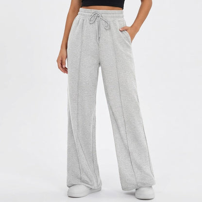 Women's Wide Leg Sweatpants, Baggy High Waisted Cotton Lounge Pants with Pockets, Casual Fall Front Seam Drawstring Trousers