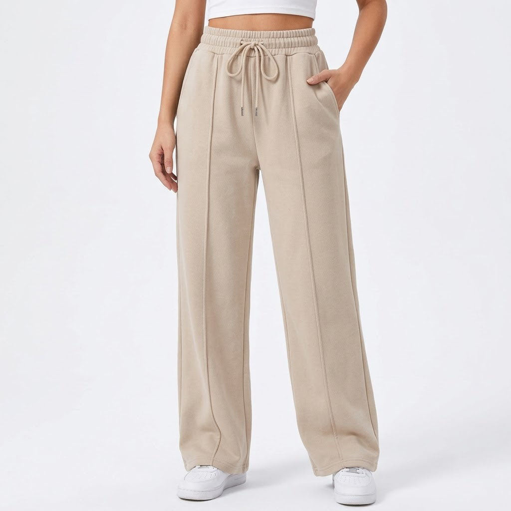 Women's Wide Leg Sweatpants, Baggy High Waisted Cotton Lounge Pants with Pockets, Casual Fall Front Seam Drawstring Trousers