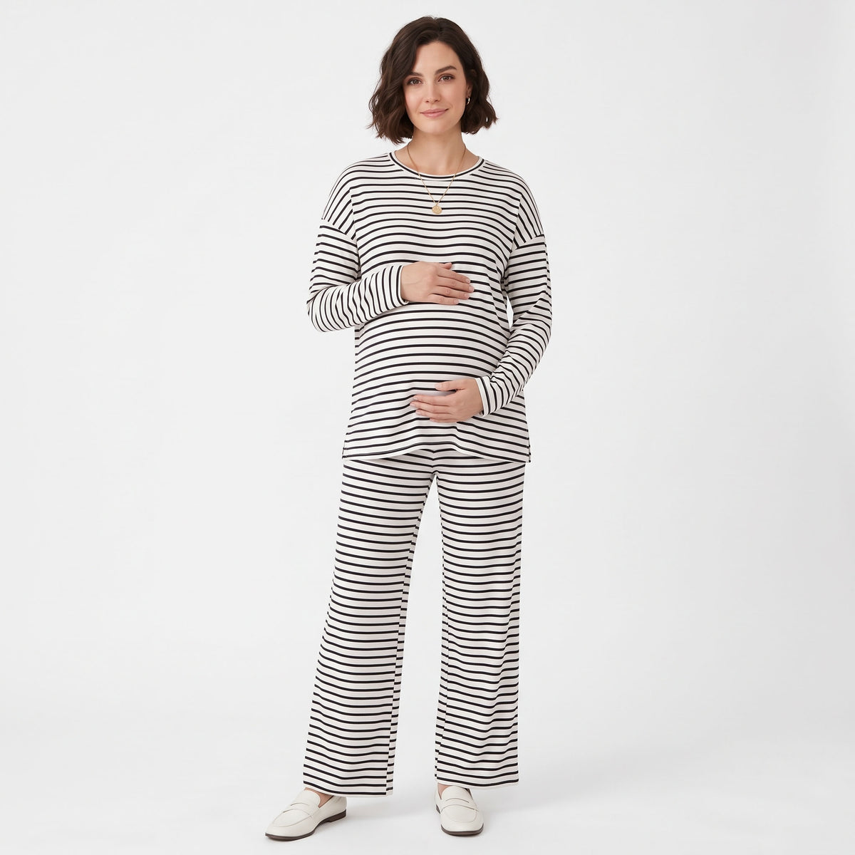Maternity 2 Piece Outfits, Striped Long Sleeve Tops and Wide Leg Pants with Pockets, Comfy Pregnancy Lounge Sets Postpartum Clothes