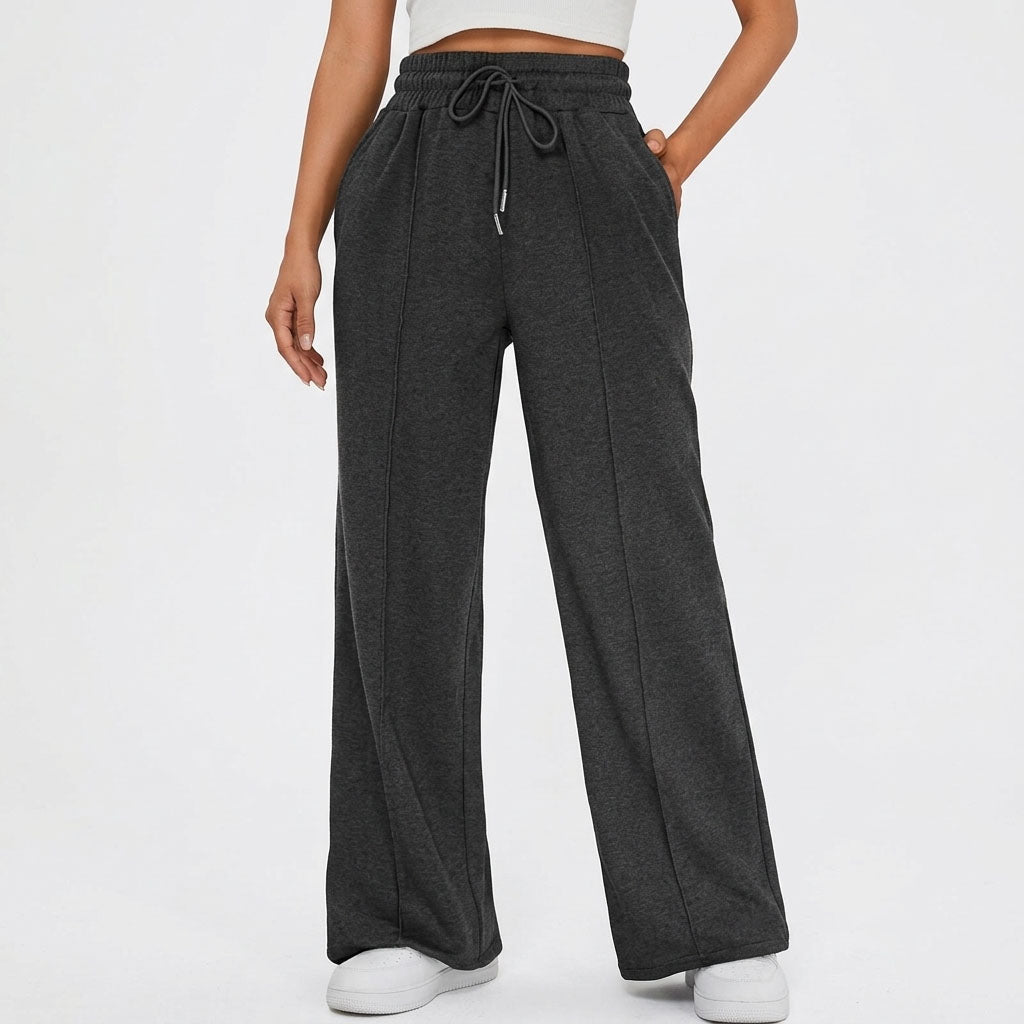 Women's Wide Leg Sweatpants, Baggy High Waisted Cotton Lounge Pants with Pockets, Casual Fall Front Seam Drawstring Trousers