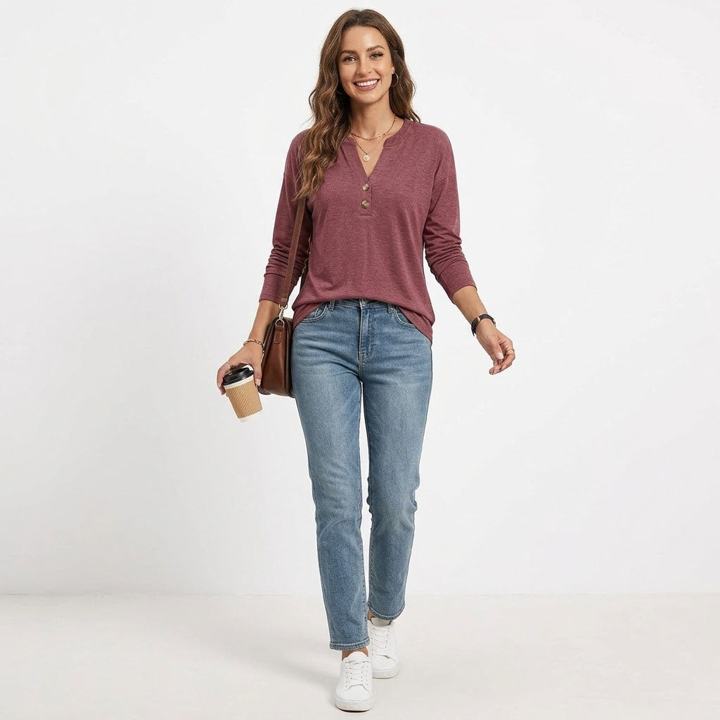 Women's Long Sleeve Henley Tops, V Neck Dressy Casual Fall Shirts, Business Work Blouses, Teacher School Outfits Clothes