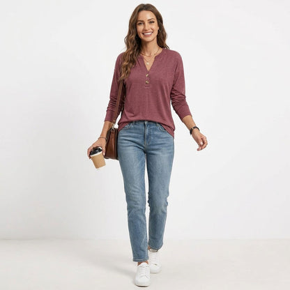 Women's Long Sleeve Henley Tops, V Neck Dressy Casual Fall Shirts, Business Work Blouses, Teacher School Outfits Clothes