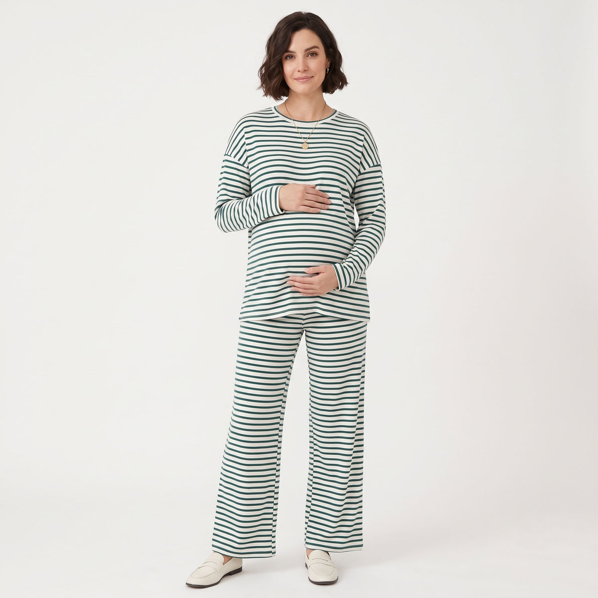 Maternity 2 Piece Outfits, Striped Long Sleeve Tops and Wide Leg Pants with Pockets, Comfy Pregnancy Lounge Sets Postpartum Clothes