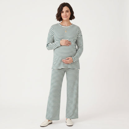 Maternity 2 Piece Outfits, Striped Long Sleeve Tops and Wide Leg Pants with Pockets, Comfy Pregnancy Lounge Sets Postpartum Clothes