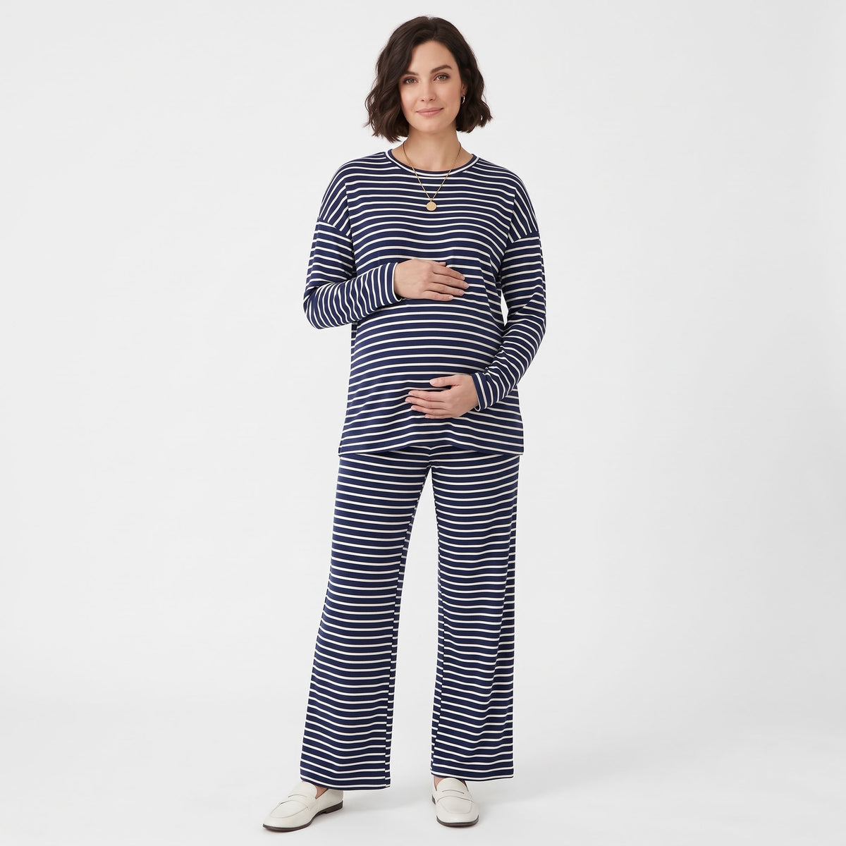 Maternity 2 Piece Outfits, Striped Long Sleeve Tops and Wide Leg Pants with Pockets, Comfy Pregnancy Lounge Sets Postpartum Clothes