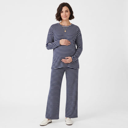 Maternity 2 Piece Outfits, Striped Long Sleeve Tops and Wide Leg Pants with Pockets, Comfy Pregnancy Lounge Sets Postpartum Clothes