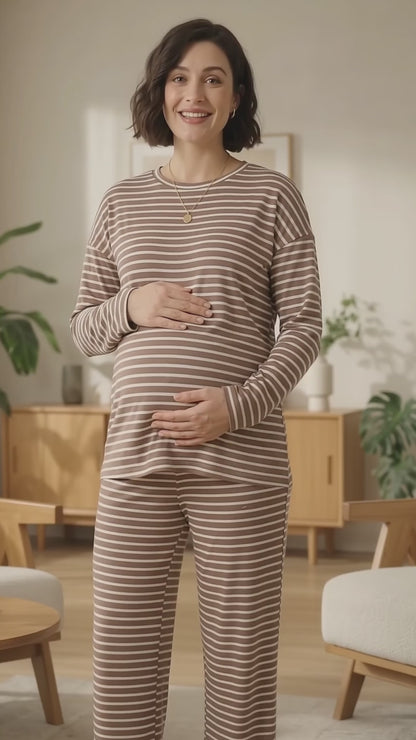 Maternity 2 Piece Outfits, Striped Long Sleeve Tops and Wide Leg Pants with Pockets, Comfy Pregnancy Lounge Sets Postpartum Clothes