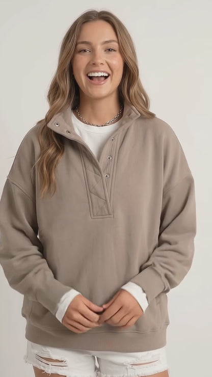 Women's Oversized Henley Sweatshirt, Quilted Placket Pullover Top, Soft Long Sleeve Fall Winter Fashion Outfits Clothes