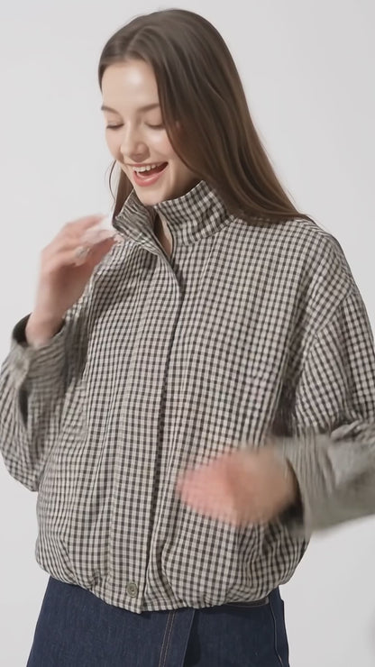Women's Plaid Bomber Jacket, Stand Collar Full Zip Checkered Coat with Pockets, Casual Oversized Fall Spring Outerwear