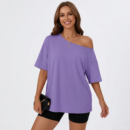 Women's Off the Shoulder Tops, Oversized Summer T-Shirts, Short Sleeve Breathable Comfort Stretch Casual Going Out Tees