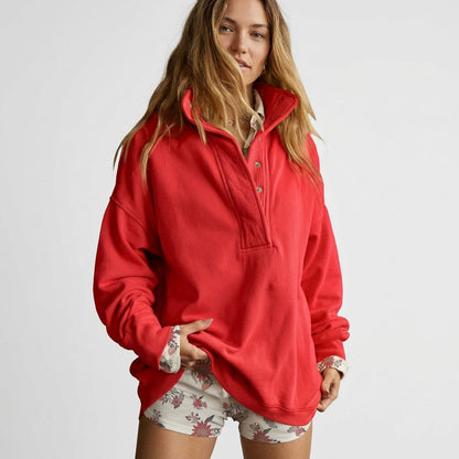 Women's Oversized Henley Sweatshirt, Quilted Placket Pullover Top, Soft Long Sleeve Fall Winter Fashion Outfits Clothes