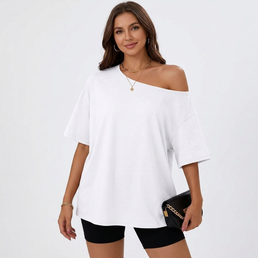 Women's Off the Shoulder Tops, Oversized Summer T-Shirts, Short Sleeve Breathable Comfort Stretch Casual Going Out Tees